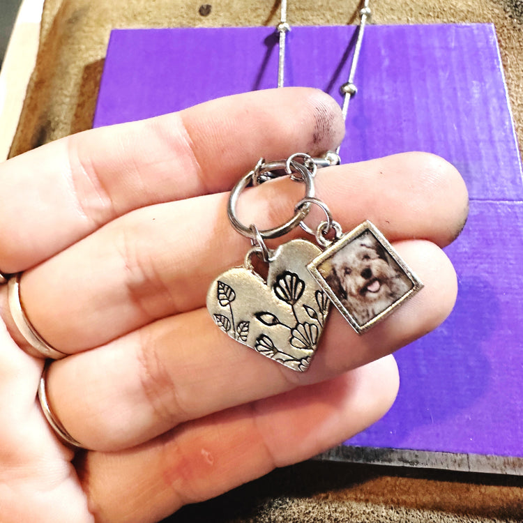 Pet Memorial Custom Photo Charm Necklace Flower Heart