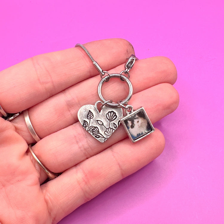 Pet Memorial Custom Photo Charm Necklace Flower Heart