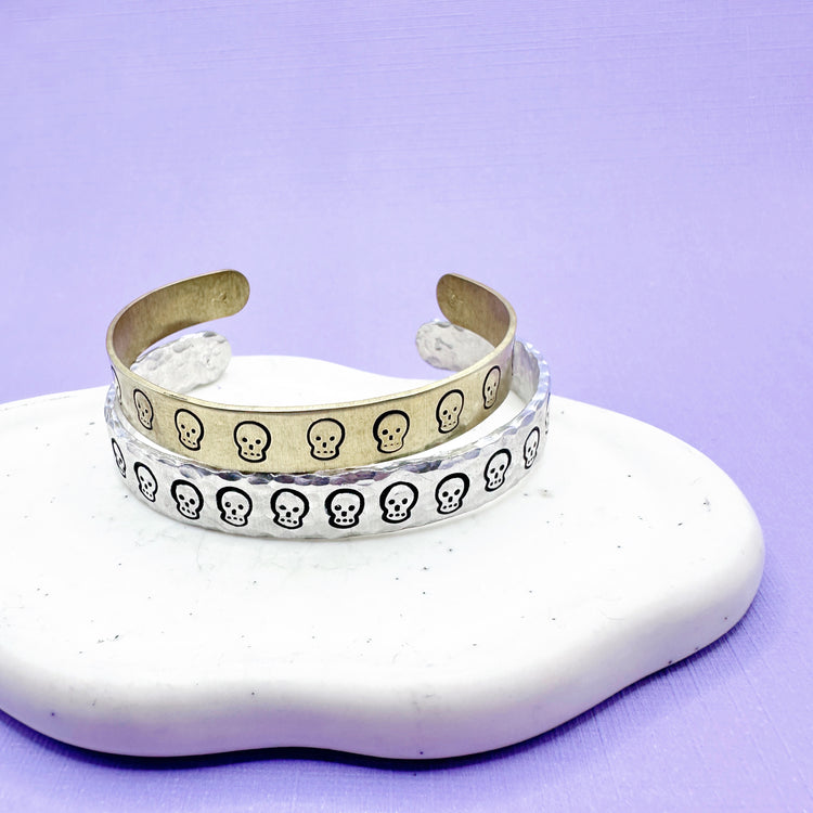 Skull Textured Cuff Bracelet Aluminum Brass Hand Stamped
