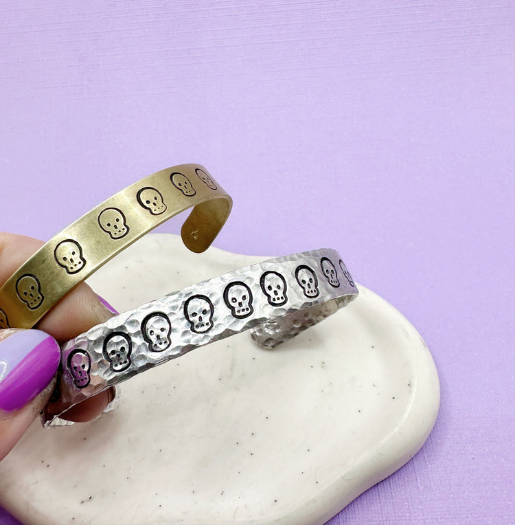 Skull Textured Cuff Bracelet Aluminum Brass Hand Stamped