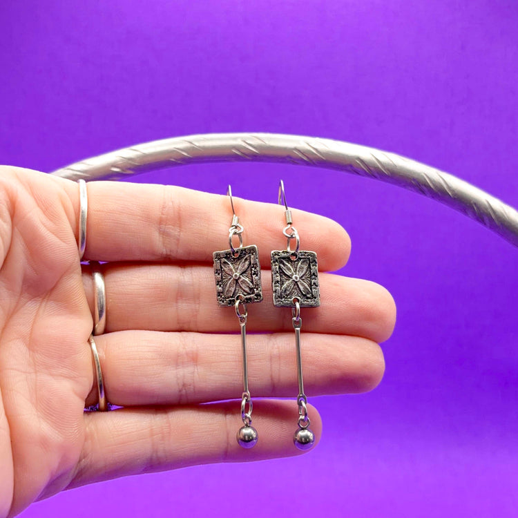 Pewter Floral Dangle Earrings Silver