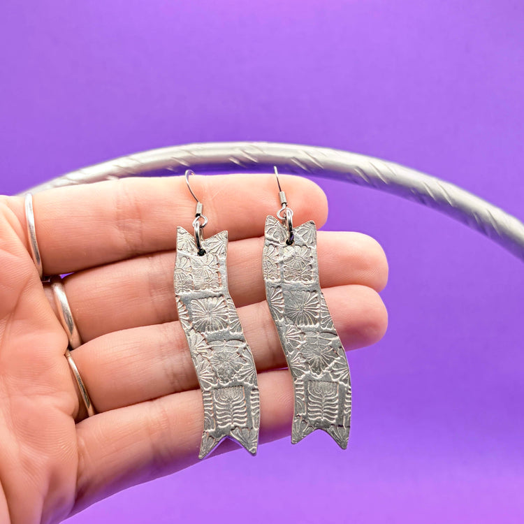 Pewter Banner Hand Stamped Earrings Silver