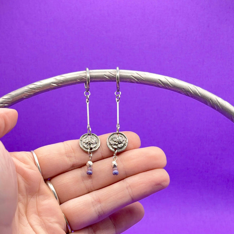 Pewter Floral Beaded Dangle Huggie Earrings Silver