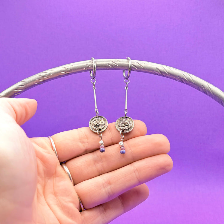 Pewter Floral Beaded Dangle Huggie Earrings Silver