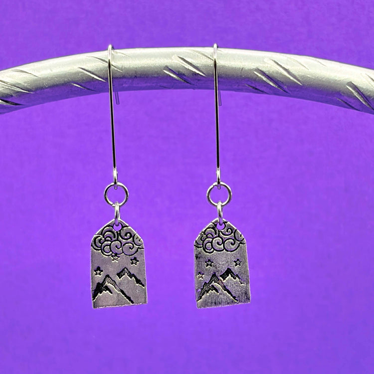 Hand Stamped Mountain Scene Dangle Earrings Silver