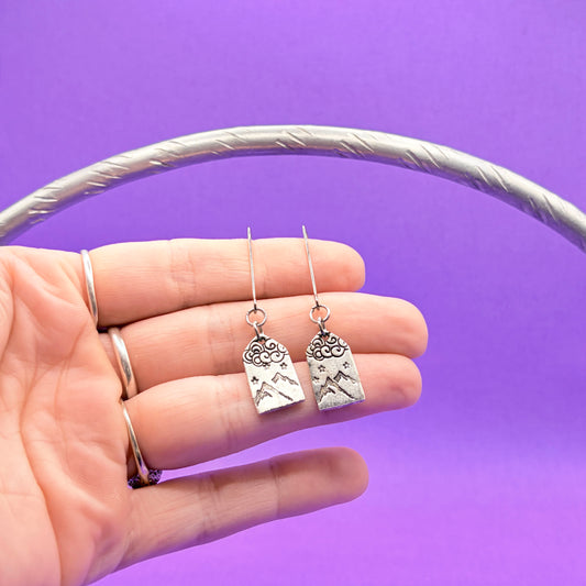 Hand Stamped Mountain Scene Dangle Earrings Silver
