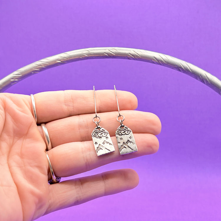 Hand Stamped Mountain Scene Dangle Earrings Silver