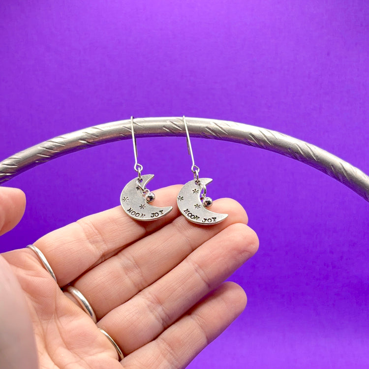 Hand Stamped Moon Joy Dangle Earrings Silver