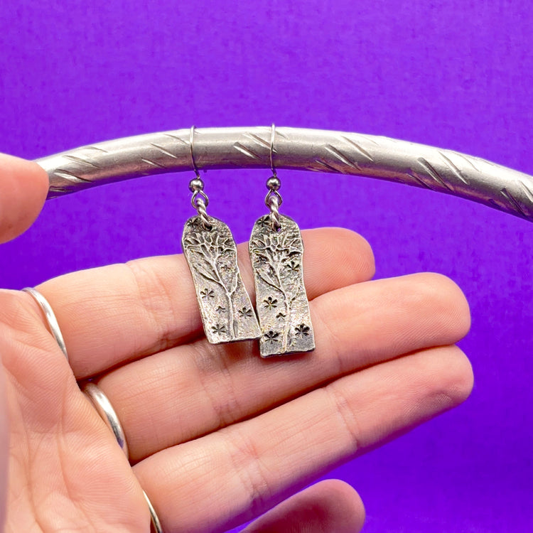 Pewter Hand Stamped Floral Dangle Silver Earrings