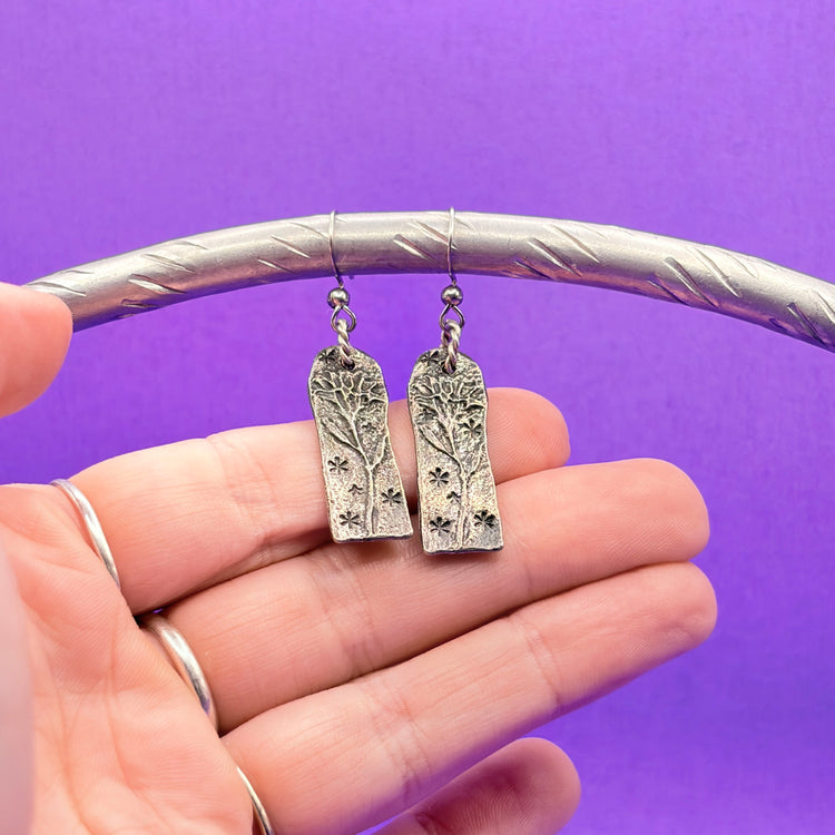 Pewter Hand Stamped Floral Dangle Silver Earrings
