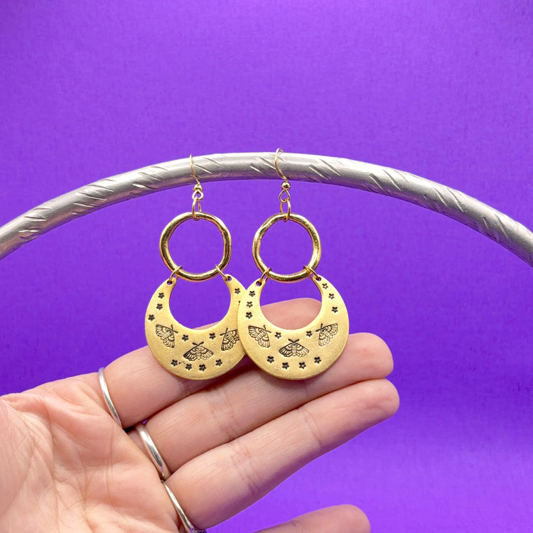 Hand Stamped Half Moon Gold Dangle Moth Pewter Earrings
