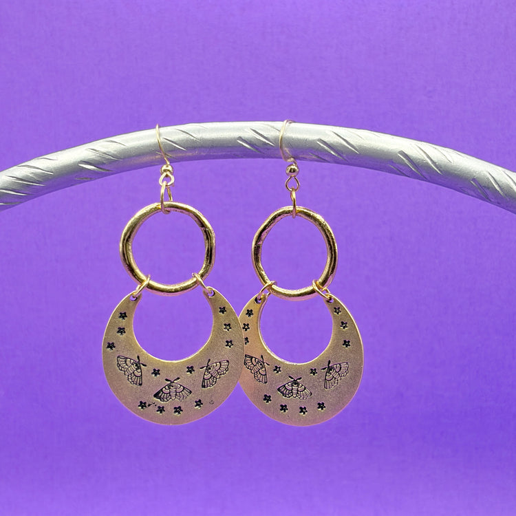 Hand Stamped Half Moon Gold Dangle Moth Pewter Earrings