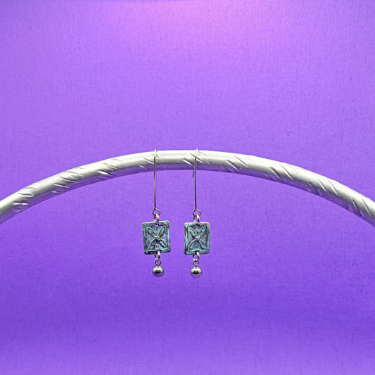 Pewter Floral Dangle Enamel Teal Earrings