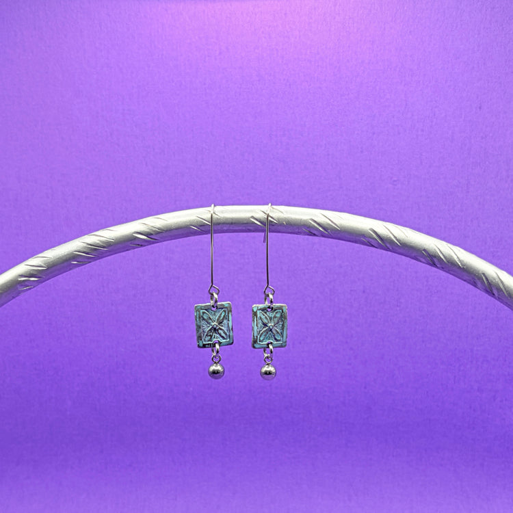 Pewter Floral Dangle Enamel Teal Earrings