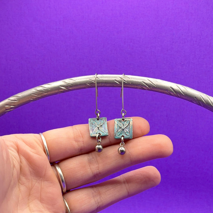 Pewter Floral Dangle Enamel Teal Earrings