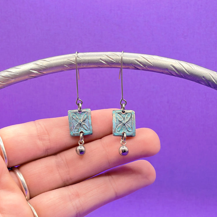 Pewter Floral Dangle Enamel Teal Earrings