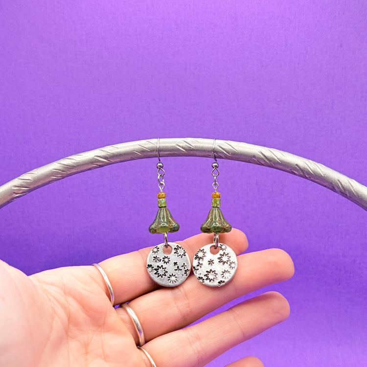Hand Stamped Dangle Starburst Earrings Czech Beads Green Fall