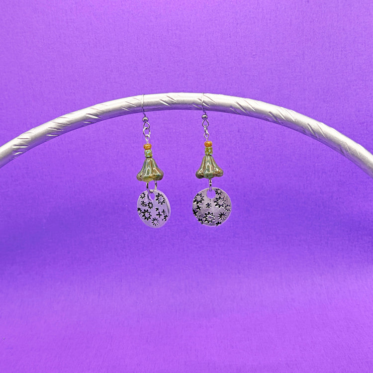 Hand Stamped Dangle Starburst Earrings Czech Beads Green Fall