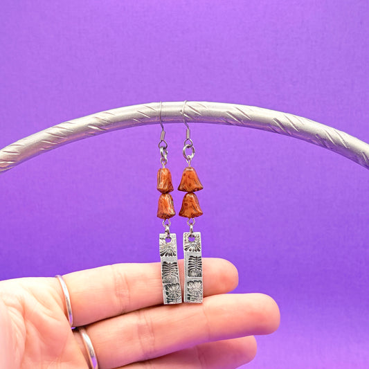 Hand Stamped Dangle Earrings Silver Floral Czech Orange Beads