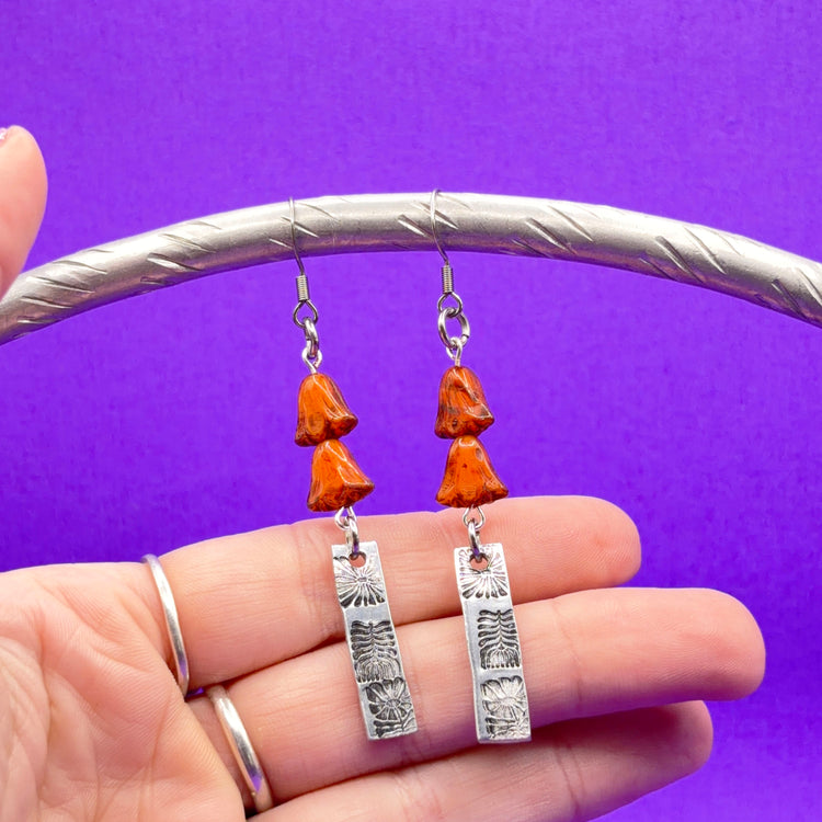 Hand Stamped Dangle Earrings Silver Floral Czech Orange Beads