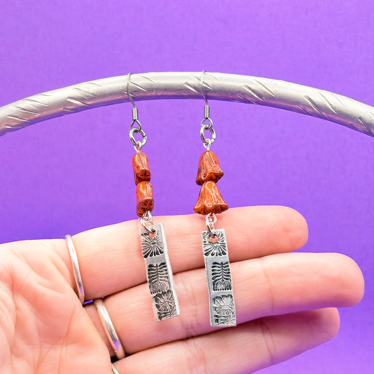 Hand Stamped Dangle Earrings Silver Floral Czech Orange Beads