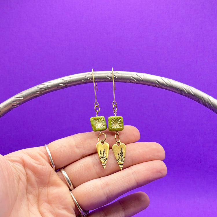 Hand Stamped Dangle Earrings Gold Heart Tree Green Czech Beads