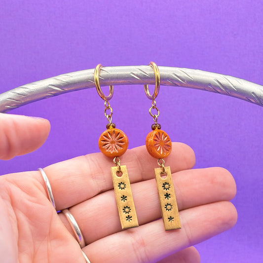 Gold Hand Stamped Star Beaded Dangle Huggie Earrings
