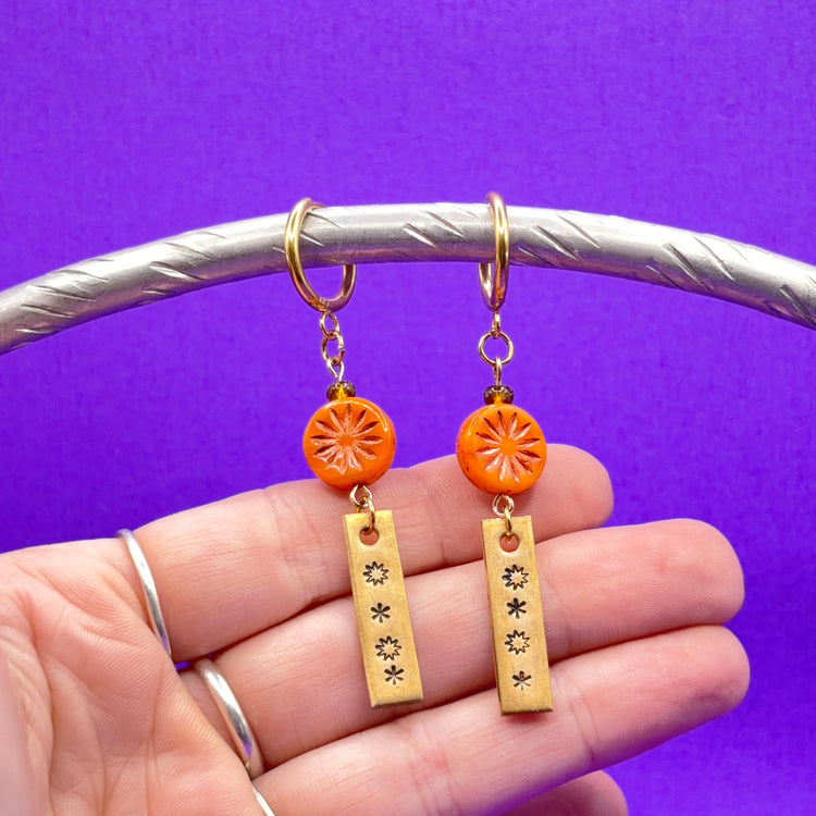 Gold Hand Stamped Star Beaded Dangle Huggie Earrings