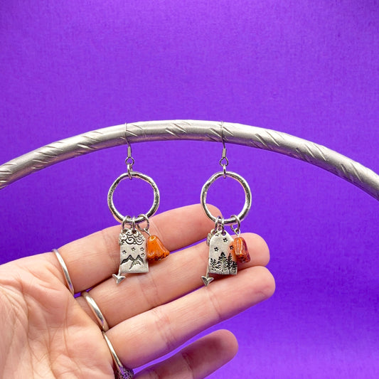 Hand Stamped Silver Pewter Dangle Charm Earrings Mountain Arrow