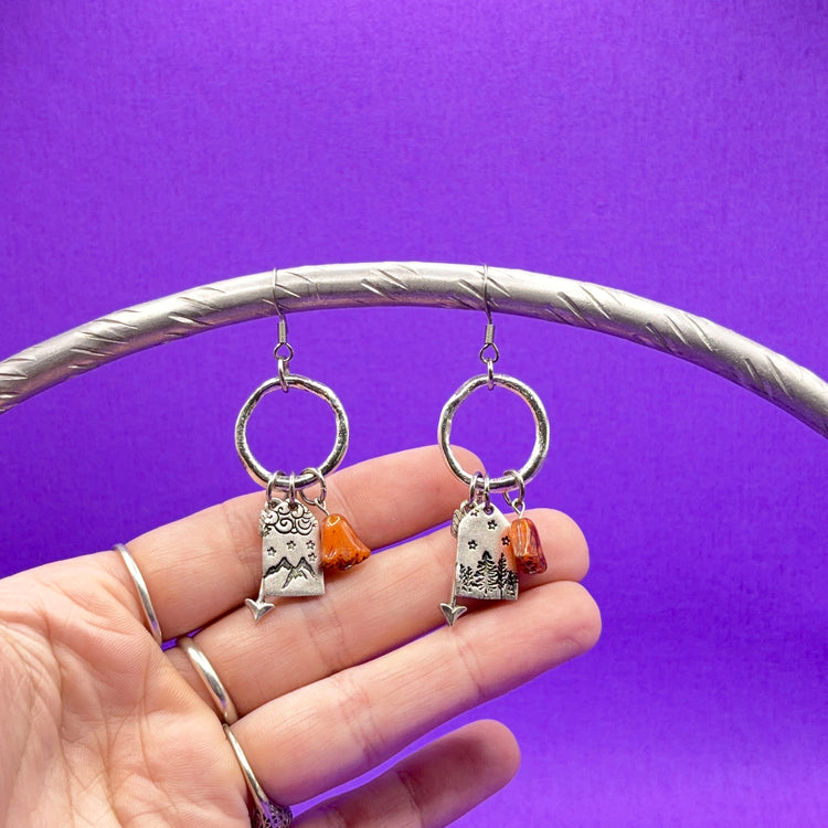 Hand Stamped Silver Pewter Dangle Charm Earrings Mountain Arrow