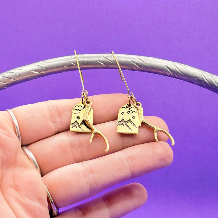 Gold Pewter Charm Hand Stamped Earrings Mountains Deer Antler