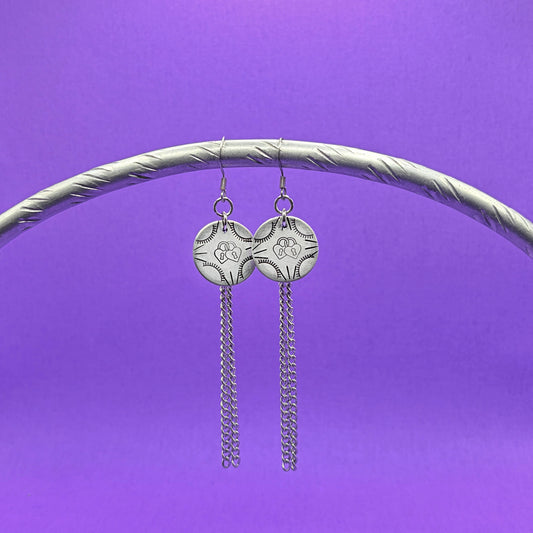 Silver Hand Stamped Dangle Chain Heart Lock Earrings