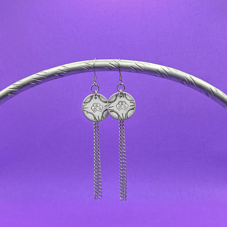 Silver Hand Stamped Dangle Chain Heart Lock Earrings