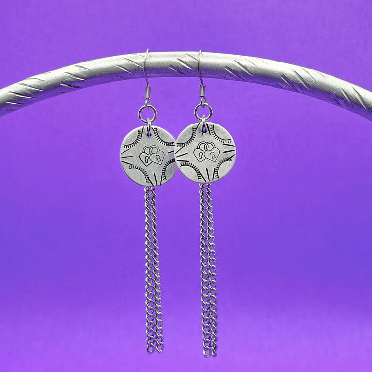 Silver Hand Stamped Dangle Chain Heart Lock Earrings
