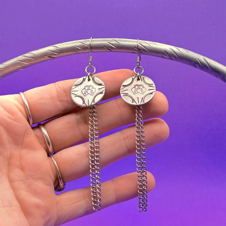 Silver Hand Stamped Dangle Chain Heart Lock Earrings