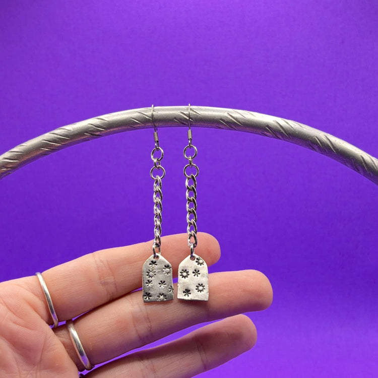 Hand Stamped Earrings Silver Dangle Chain Stars