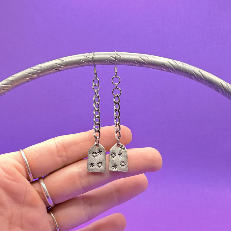 Hand Stamped Earrings Silver Dangle Chain Stars