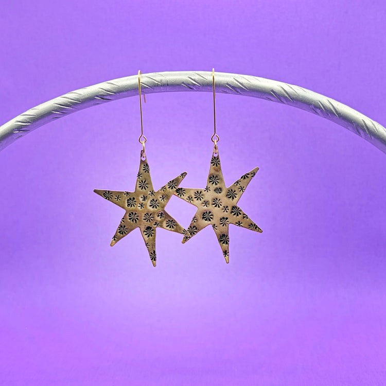 Gold Star Earrings Brass Hand Stamped Statement Earrings 2