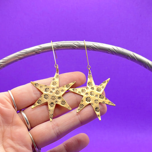 Gold Star Earrings Brass Hand Stamped Statement Earrings 2