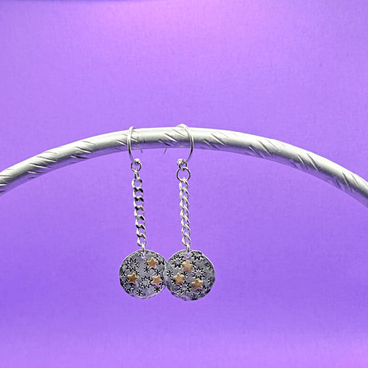 Hand Stamped Mixed Metal Gold Silver Dangle Star Earrings
