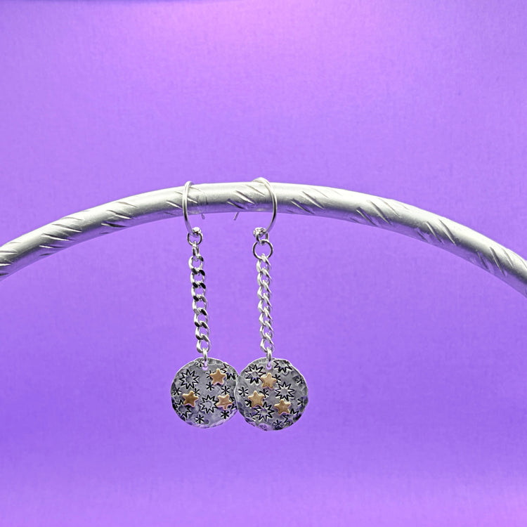 Hand Stamped Mixed Metal Gold Silver Dangle Star Earrings