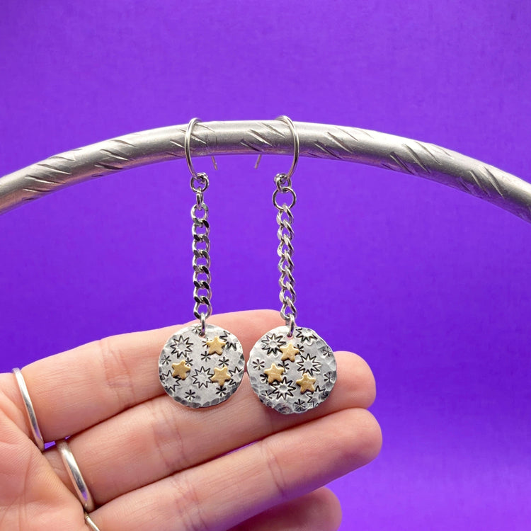 Hand Stamped Mixed Metal Gold Silver Dangle Star Earrings