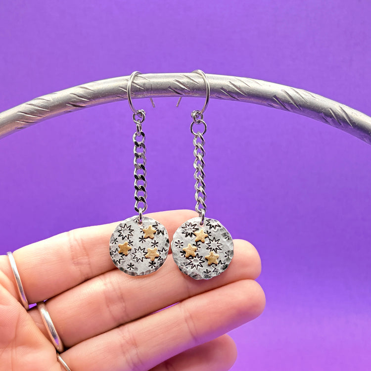 Hand Stamped Mixed Metal Gold Silver Dangle Star Earrings