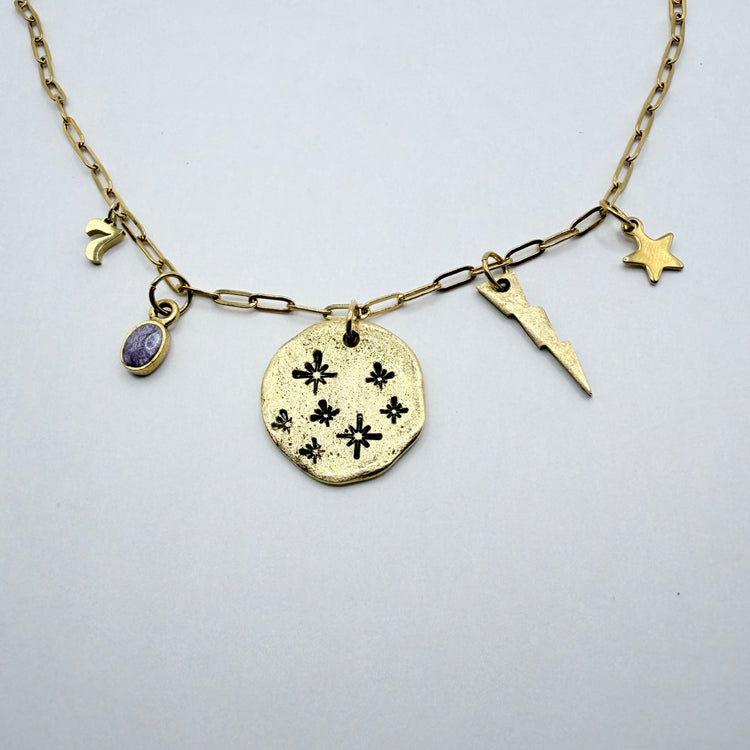 Hand Stamped Gold 5 Charm Necklace Paperclip Chain 7 Stars Lightning Bolt