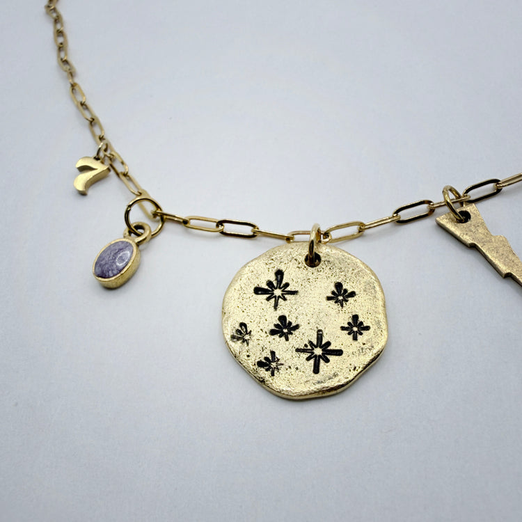 Hand Stamped Gold 5 Charm Necklace Paperclip Chain 7 Stars Lightning Bolt
