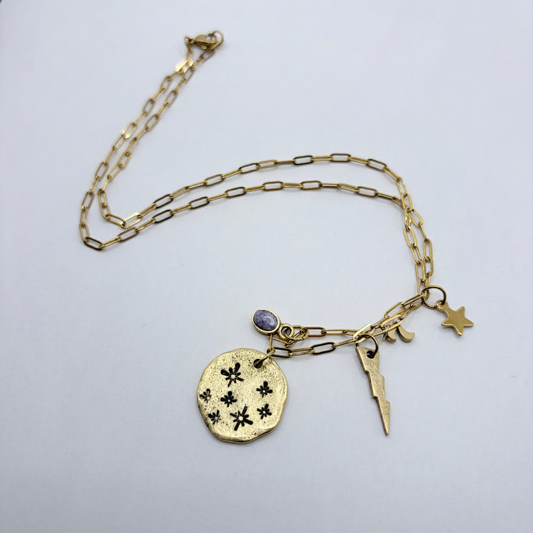 Hand Stamped Gold 5 Charm Necklace Paperclip Chain 7 Stars Lightning Bolt