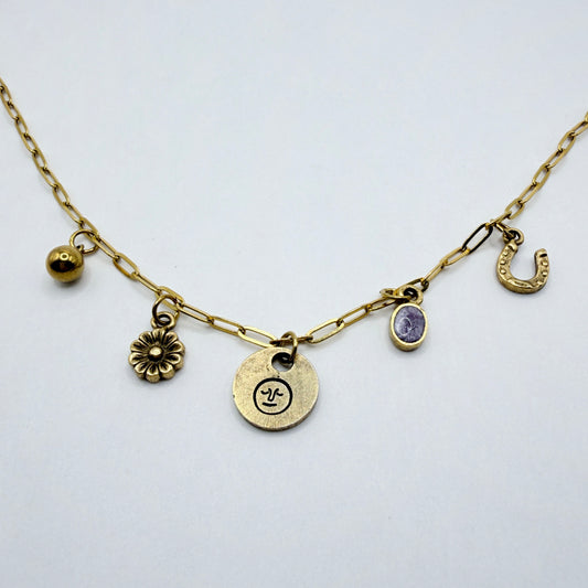 Hand Stamped Charm Necklace Moon Face Gold