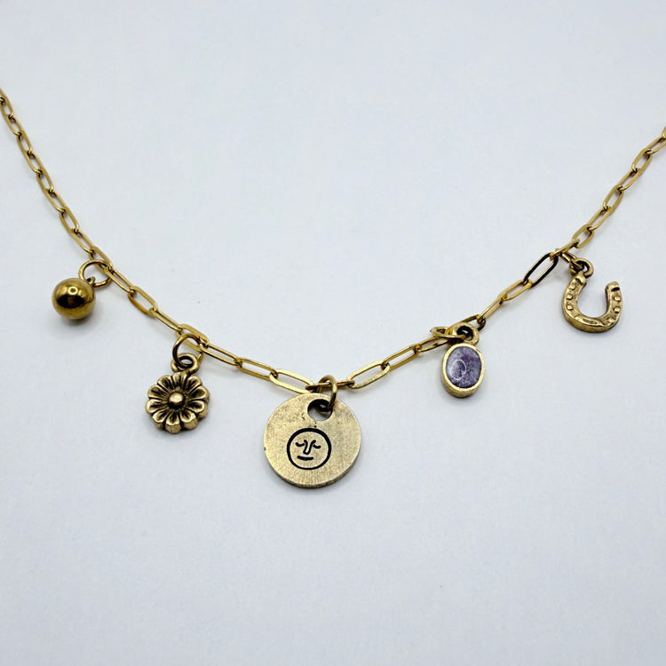 Hand Stamped Charm Necklace Moon Face Gold