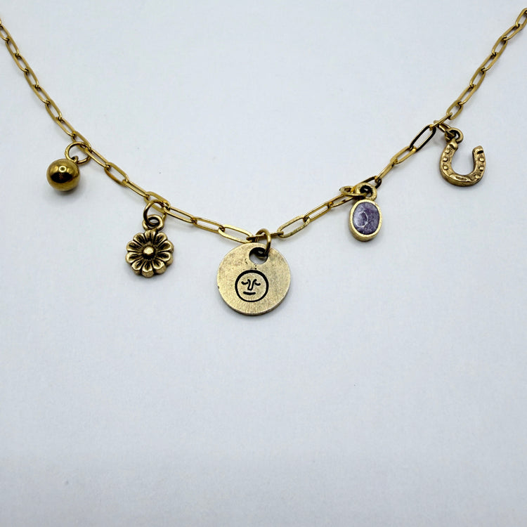Hand Stamped Charm Necklace Moon Face Gold