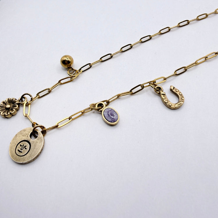 Hand Stamped Charm Necklace Moon Face Gold